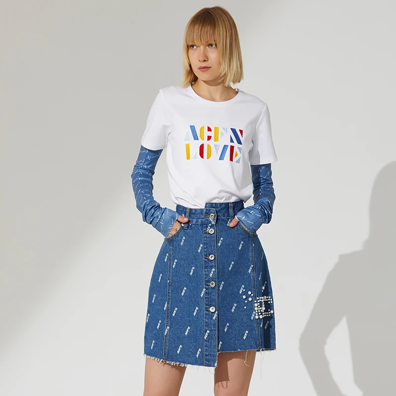 ALL COMES FROMNOTHING 女士斜纹logo印花不对称牛仔裙时尚潮流
