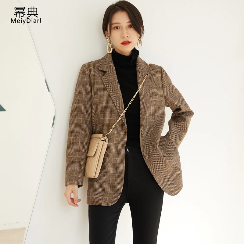 格子毛呢西装外套女2024新款冬韩版休闲短款呢子大衣小个子656