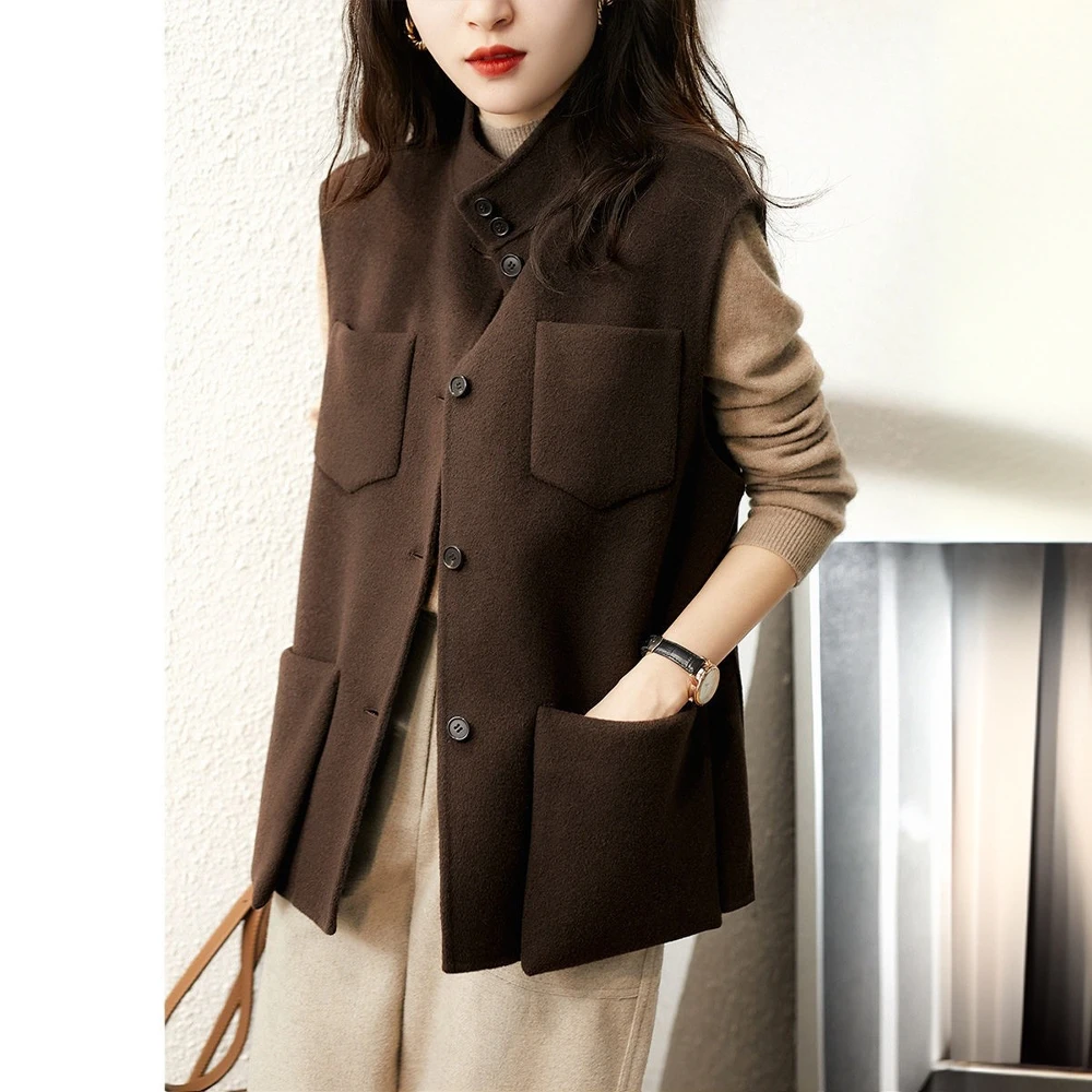 秋冬新款洋气时尚百搭无袖毛呢马甲马夹上衣1008