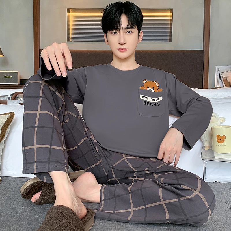 睡衣男士秋季纯棉长袖青少年格子春秋款可外穿大码家居服宽松套装