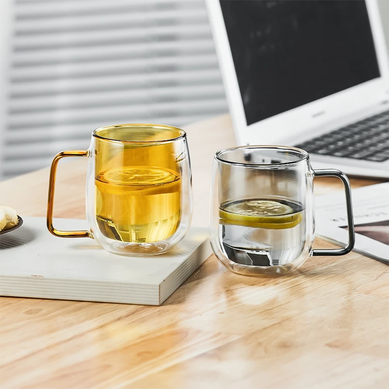 家用隔热双层喝水杯高档时尚简约耐热玻璃杯原色玻璃带把饮水杯子