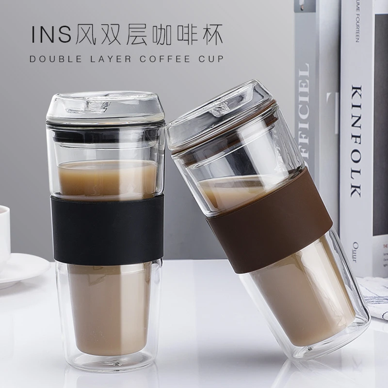 双层玻璃水杯车载隔热透明咖啡杯时尚户外便携加厚带盖防烫杯子
