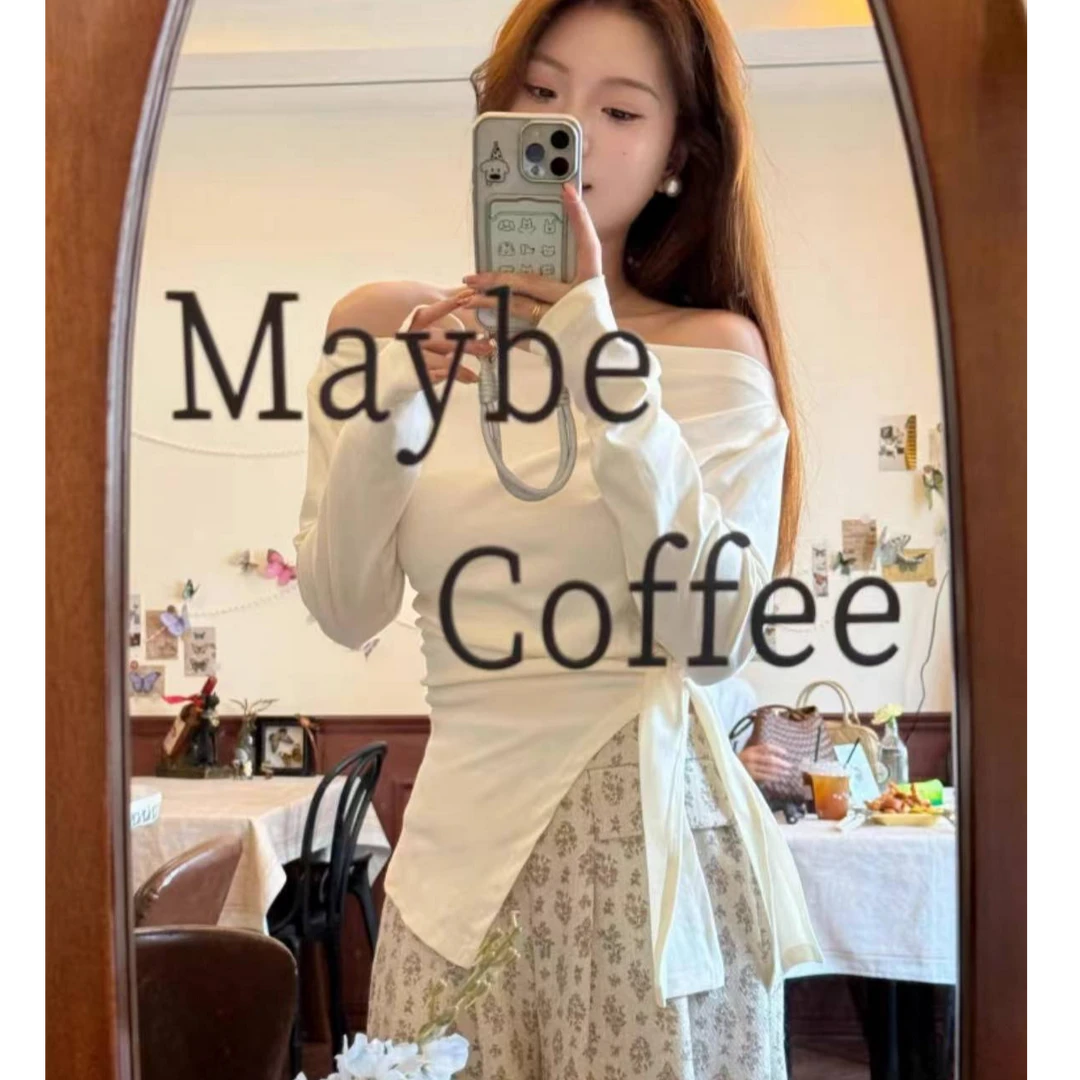 小路自制~夏末早秋新款一字领不规则开叉绑带上衣女T恤长袖打底衫