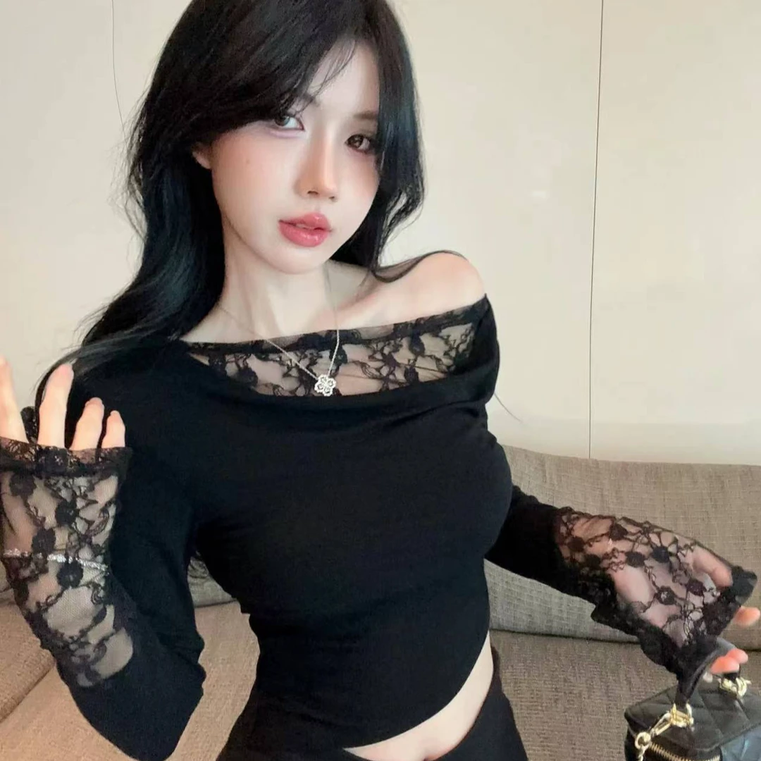 不规则荡领长袖t恤女早秋纯欲甜辣妹一字肩短款小上衣蕾丝打底衫7