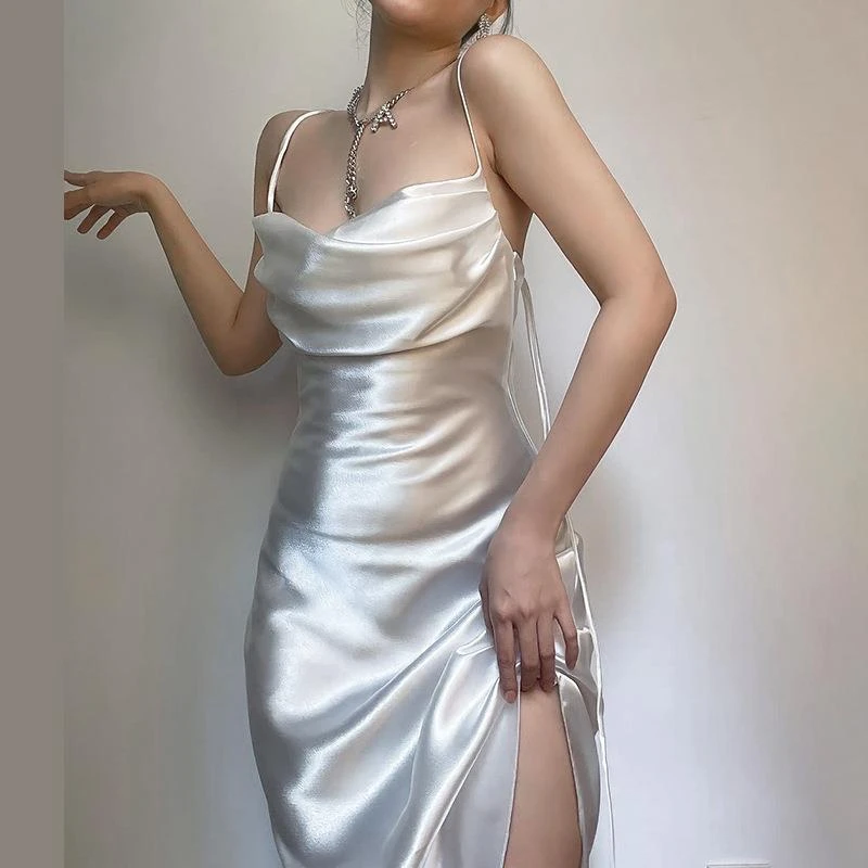 小甜甜新款修身长裙 欧美风不规则休闲吊带缎面连衣裙女CF24018