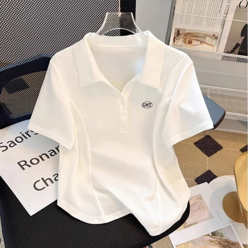 大码刺绣字母polo领弧形下摆短袖T恤女夏季胖mm显瘦百搭上衣ins潮