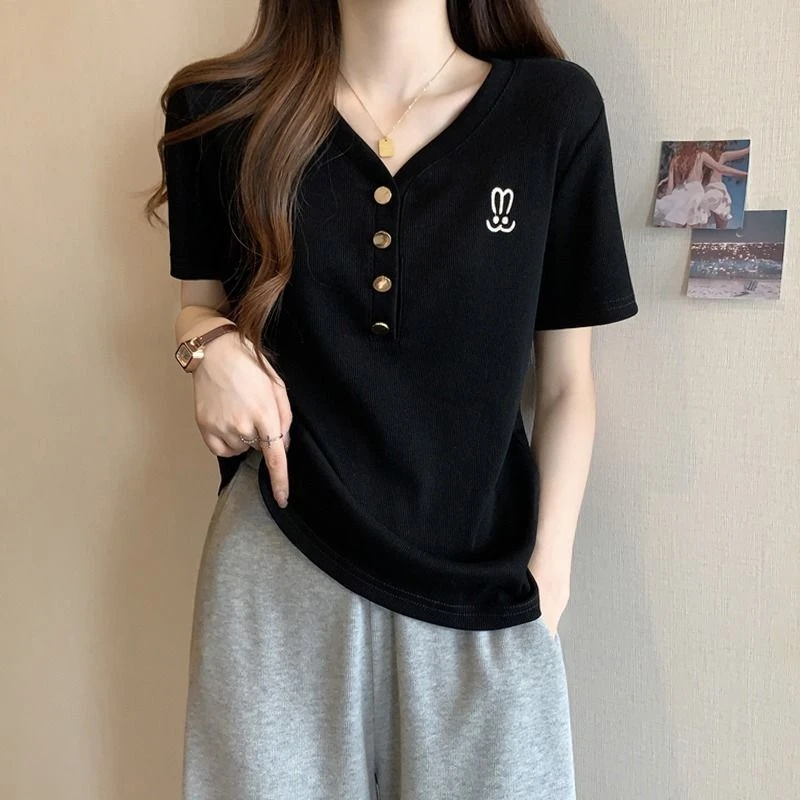 胖mm宽松显瘦V领正肩螺纹短袖t恤女上衣夏季新款兔子印花半袖体恤