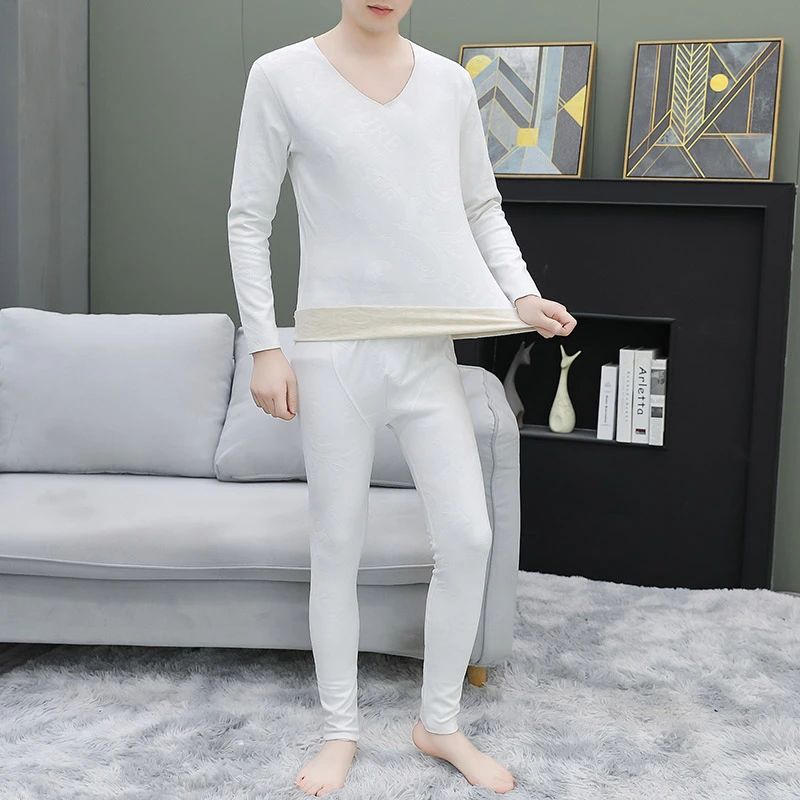 秋冬季新款长袖圆领男士秋衣秋裤纯色印花男薄款保暖内衣套装