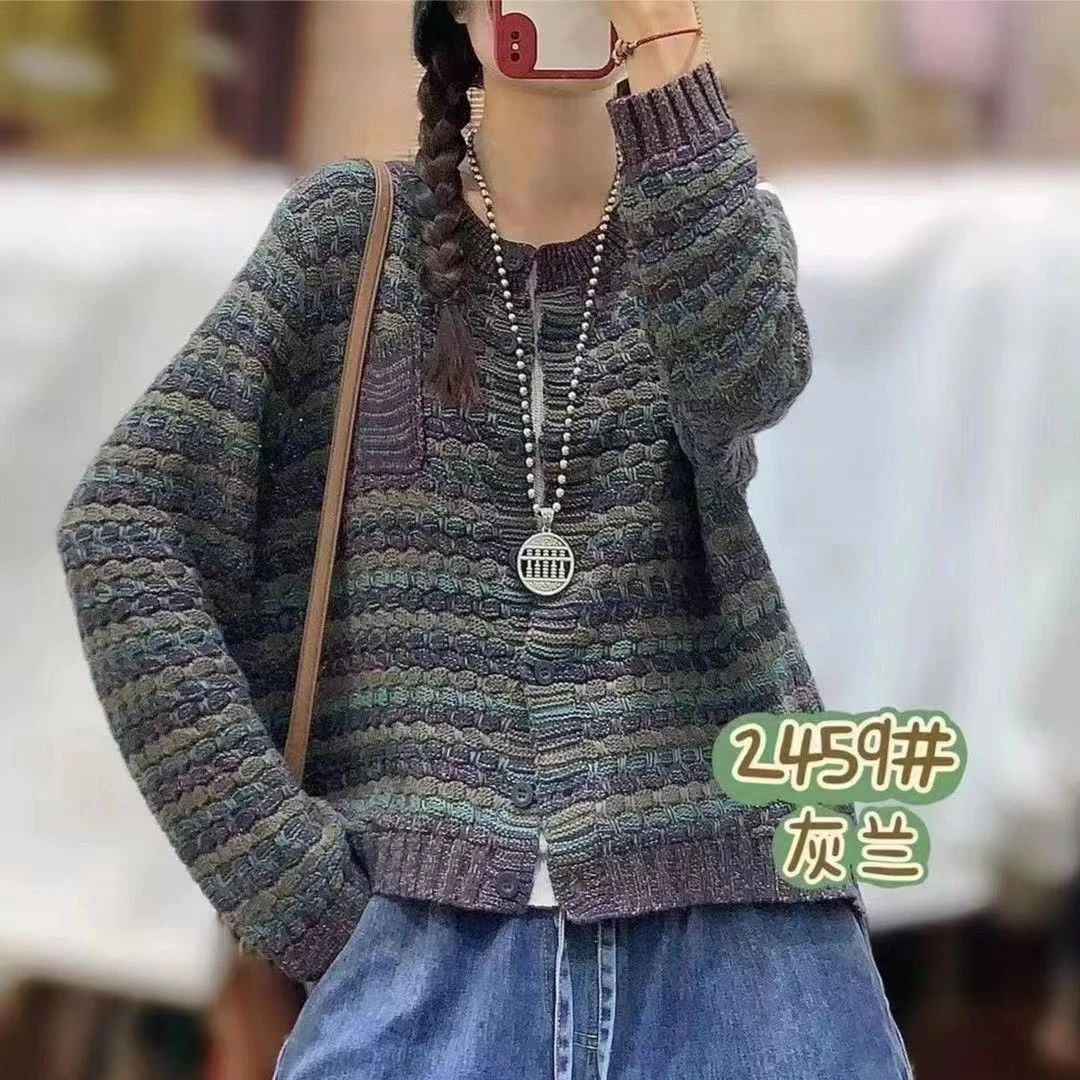 原创复古撞色圆领拼色棉线开衫女秋冬新款宽松显瘦休闲百搭外套女