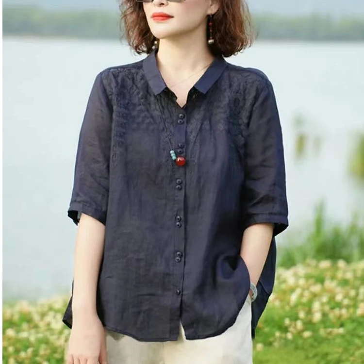 新款刺绣苎麻衬衫女五分袖夏季宽松显瘦刺绣气质百搭上衣潮