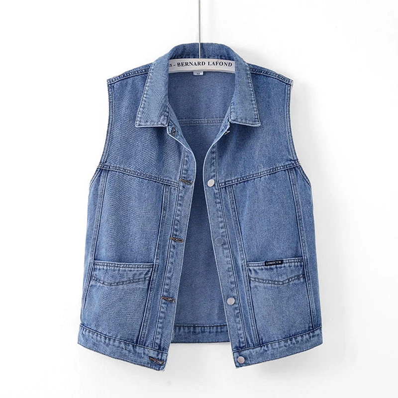 大码休闲牛仔马甲女2023春秋新款宽松百搭口袋马夹背心外搭坎肩潮