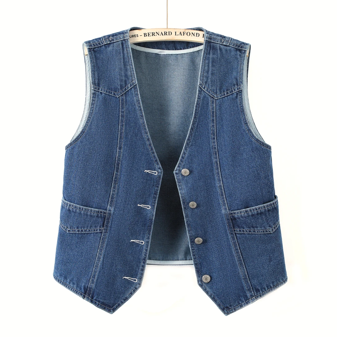 深蓝色V领牛仔马甲女2024春秋季宽松显瘦小个子无袖外搭坎肩背心