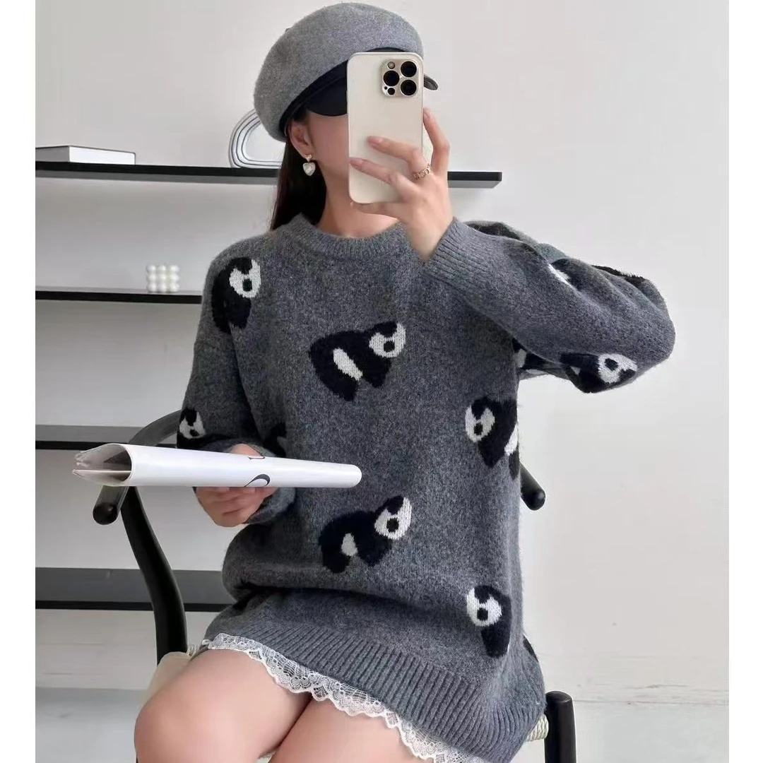 秋冬加厚慵懒百搭针织打底衫上衣时尚潮流蕾丝拼接套头熊猫毛衣