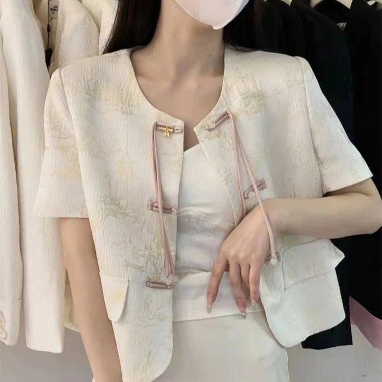 复古国风提花盘扣小香风短袖外套女2024春夏新款气质百搭短款上衣