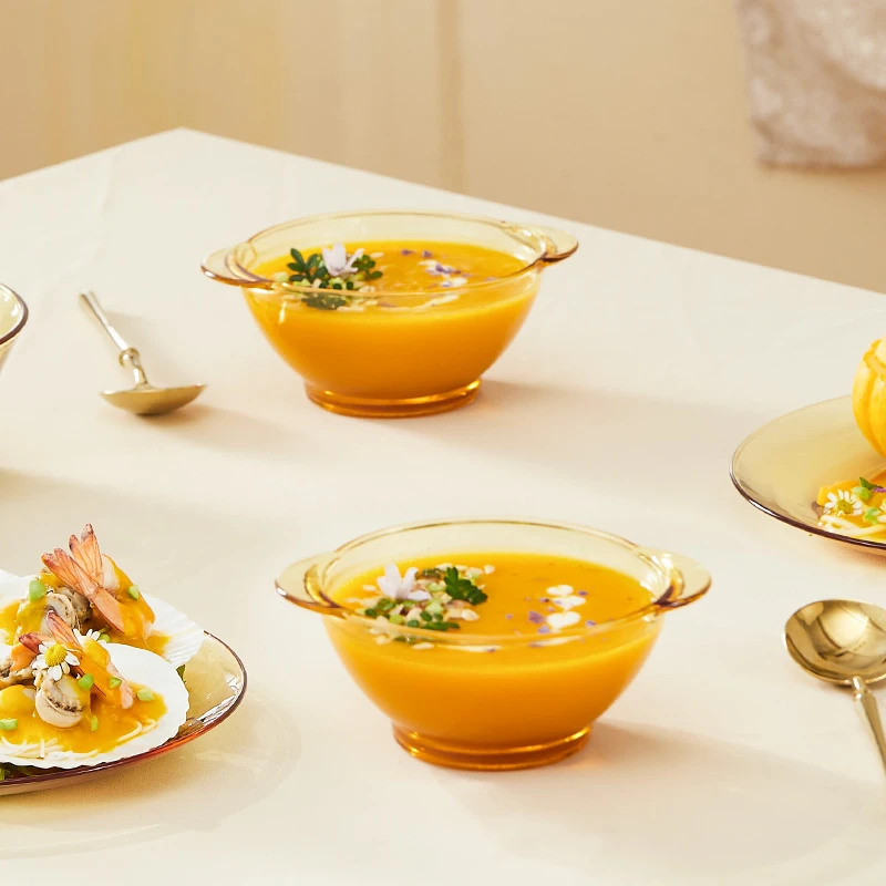 琥珀色餐具2件套双耳沙拉耐热家用欧茶色餐杯大容量透明碗