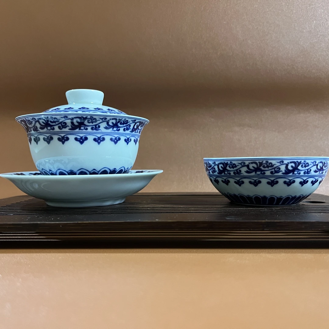 景德镇青花陶瓷茶具手工宝相元宝盖碗主人杯两件套