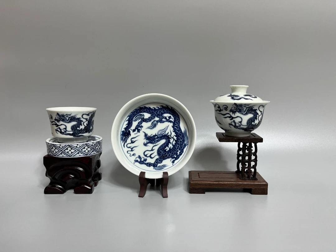 景德镇青花陶瓷茶具手工仿元铠甲龙茶具4件套