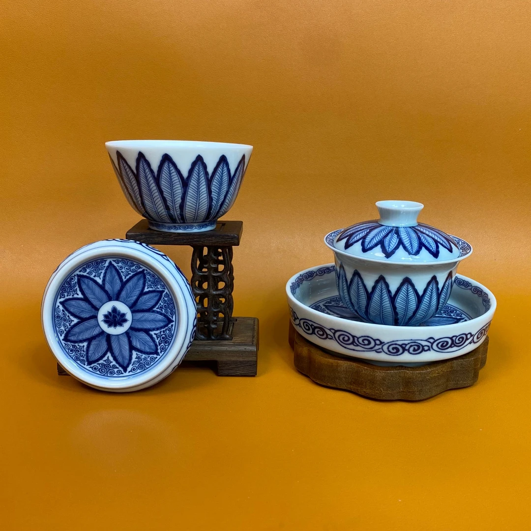 景德镇青花陶瓷茶具手工仿元青花芭蕉叶四件套高档礼盒装