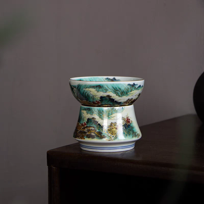 景德镇青花陶瓷珐琅彩茶滤手工釉上粉彩富春山居茶漏瓷孔过滤茶水