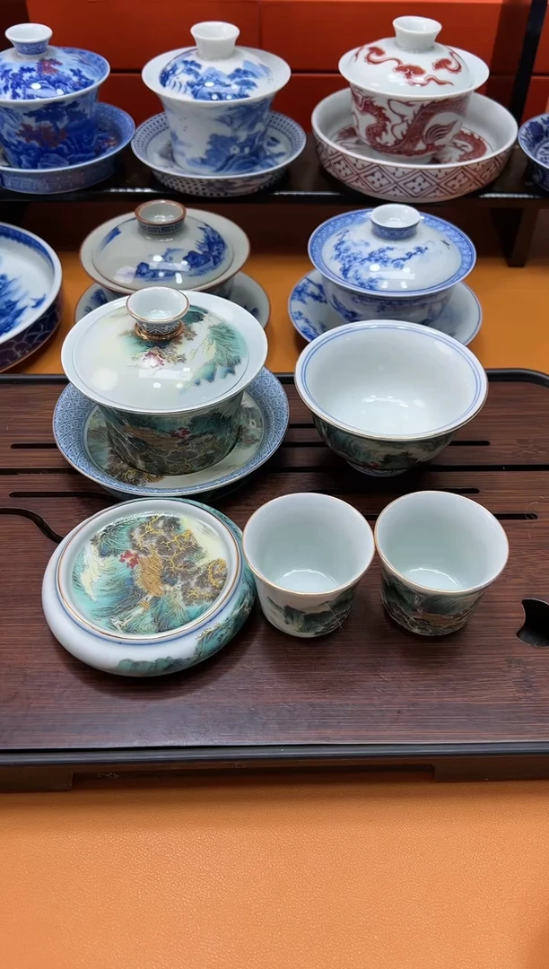 【闪购商品】陶瓷杯锦绣马蹄盖碗压手杯杯垫2客杯