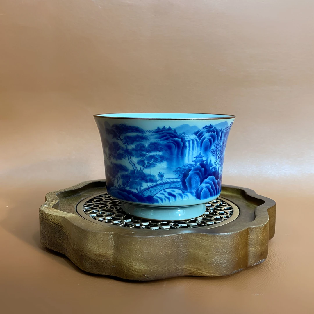 景德镇青花陶瓷手工山水主人杯老陶泥马蹄品茗杯单杯手工茶杯