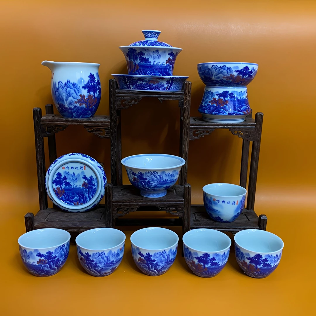 景德镇青花陶瓷茶具手工清流胜境马蹄盖碗11件套釉里红山水套组