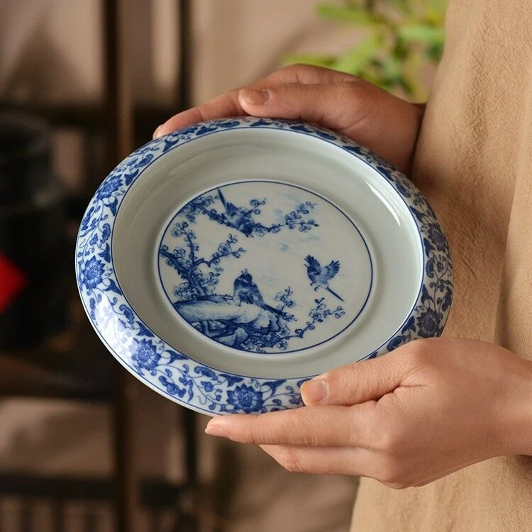 景德镇青花陶瓷手工喜上眉梢壶承花鸟干泡台茶壶大壶承精美摆件