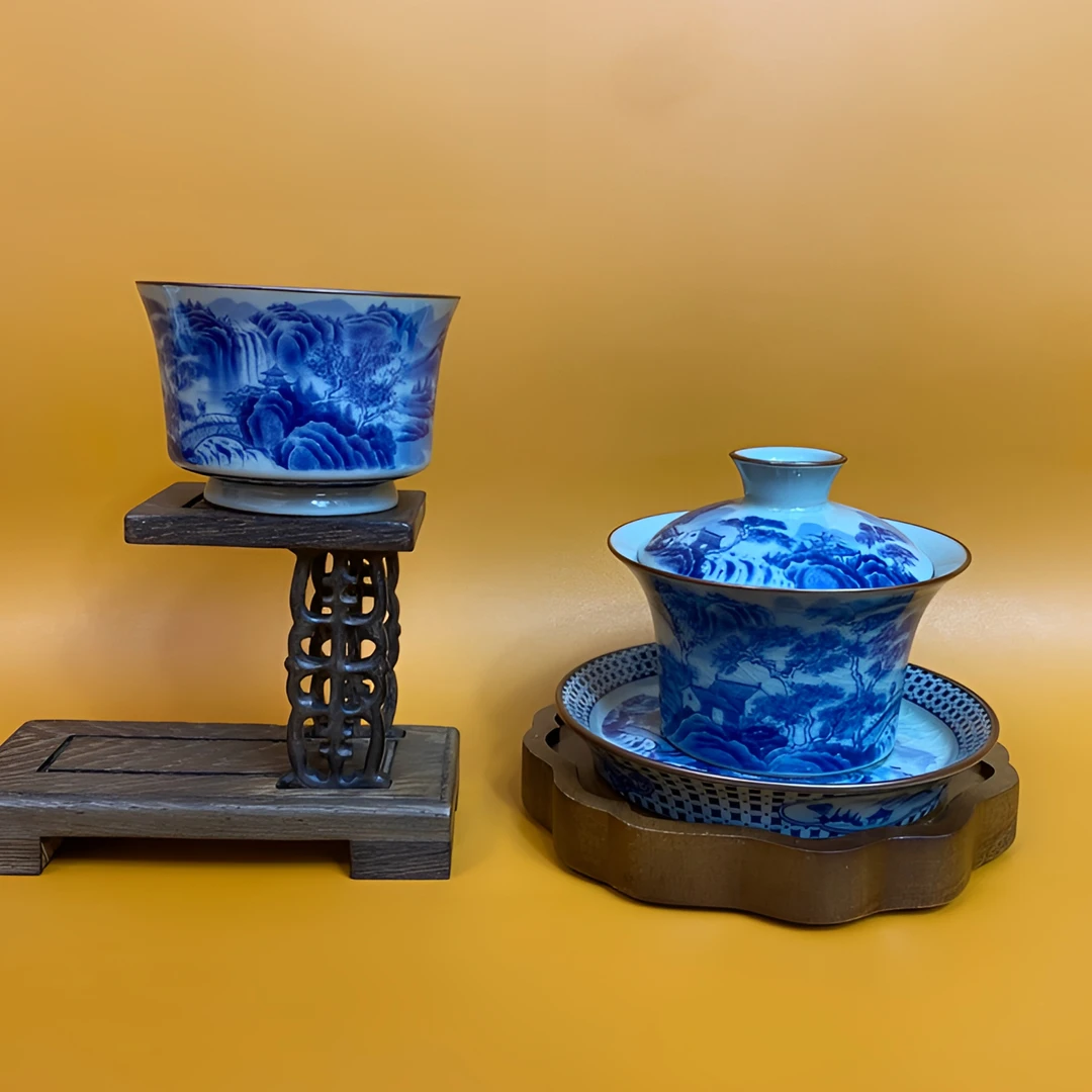 景德镇青花陶瓷茶具手工老陶泥山水马蹄盖碗主人杯两件套