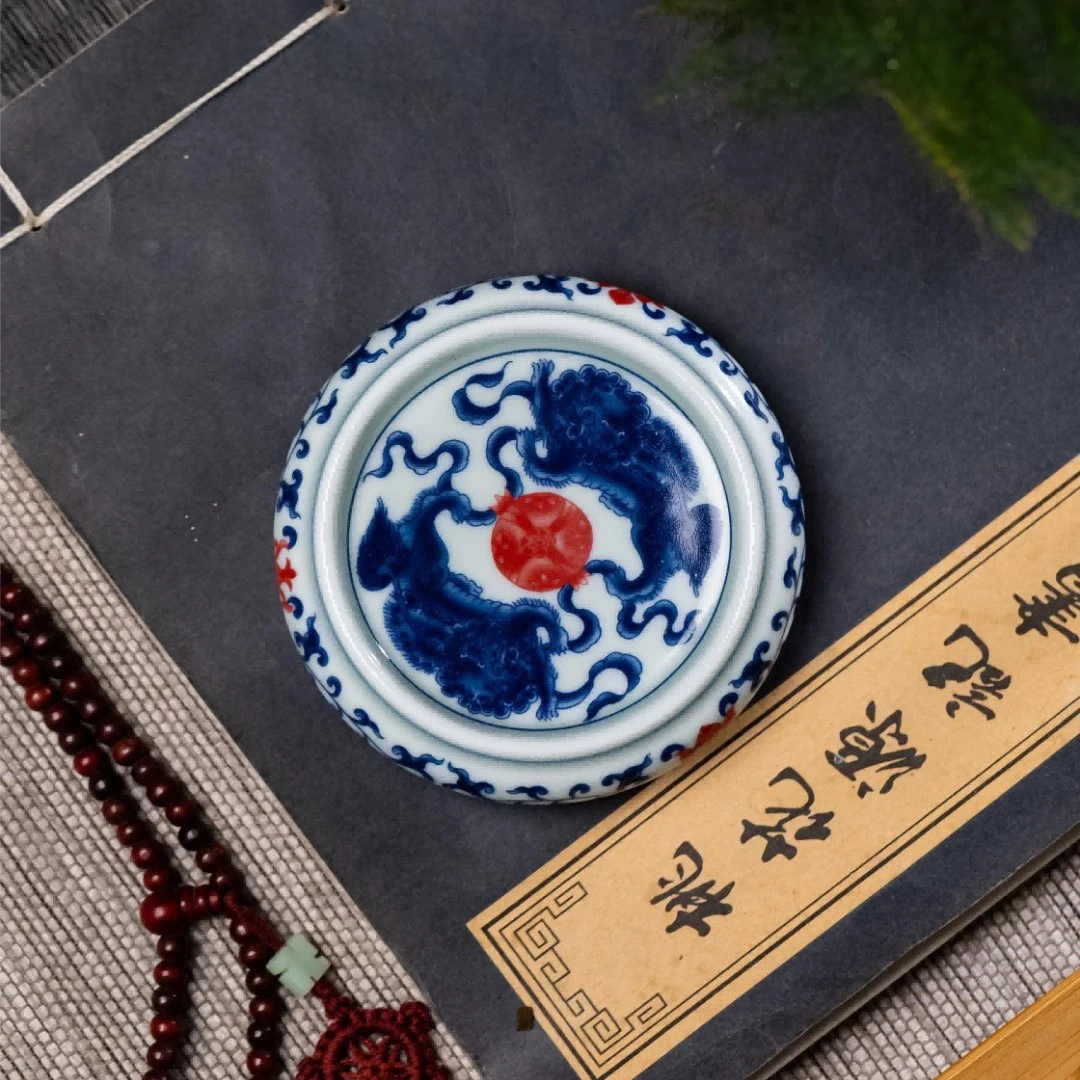 景德镇青花盖置釉里红缠枝莲杯垫茶壶壶承手工摆件