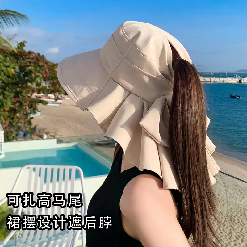 防晒帽子女春夏2024新款渔夫帽折叠遮脸太阳露马尾护脖骑车遮阳帽
