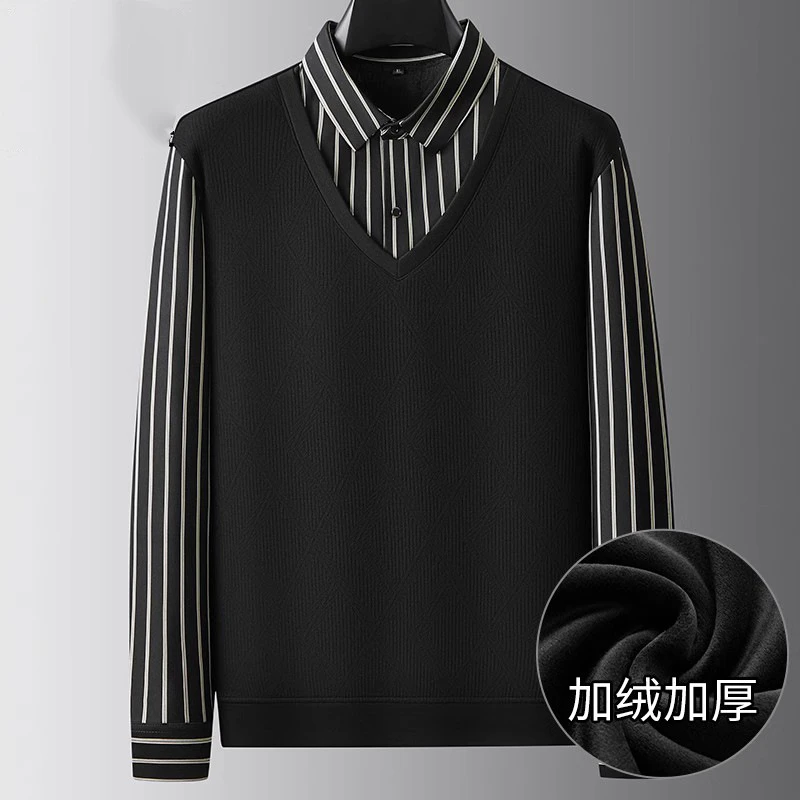 【大码男装】秋冬季新款加厚休闲加肥加大假两件加绒宽松衬衫弹力