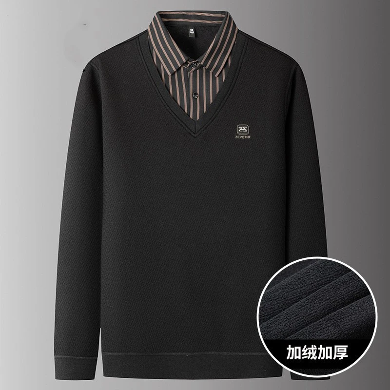 【大码男装】加绒加厚假两件t恤衬衫领秋冬新款宽松休闲针织打底衫