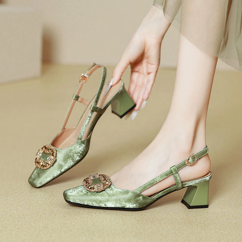 法式包头凉鞋女粗跟2024年夏季仙女风后空单鞋带方头高跟鞋961-26