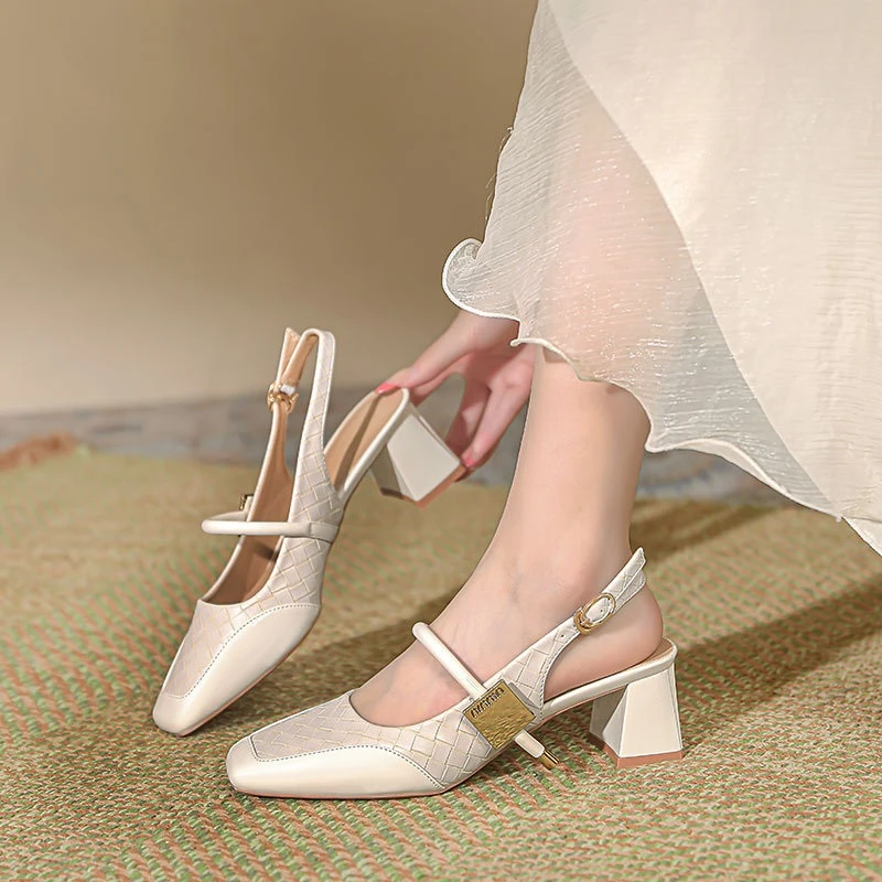 法式方头高跟鞋2024夏季魔术扣一字带后空单鞋粗跟包头凉鞋268-1