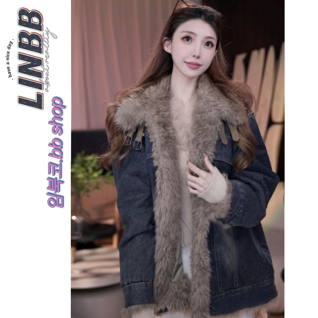 林北鼻-【练歌室】 韩单牛仔小卷毛棉服外套