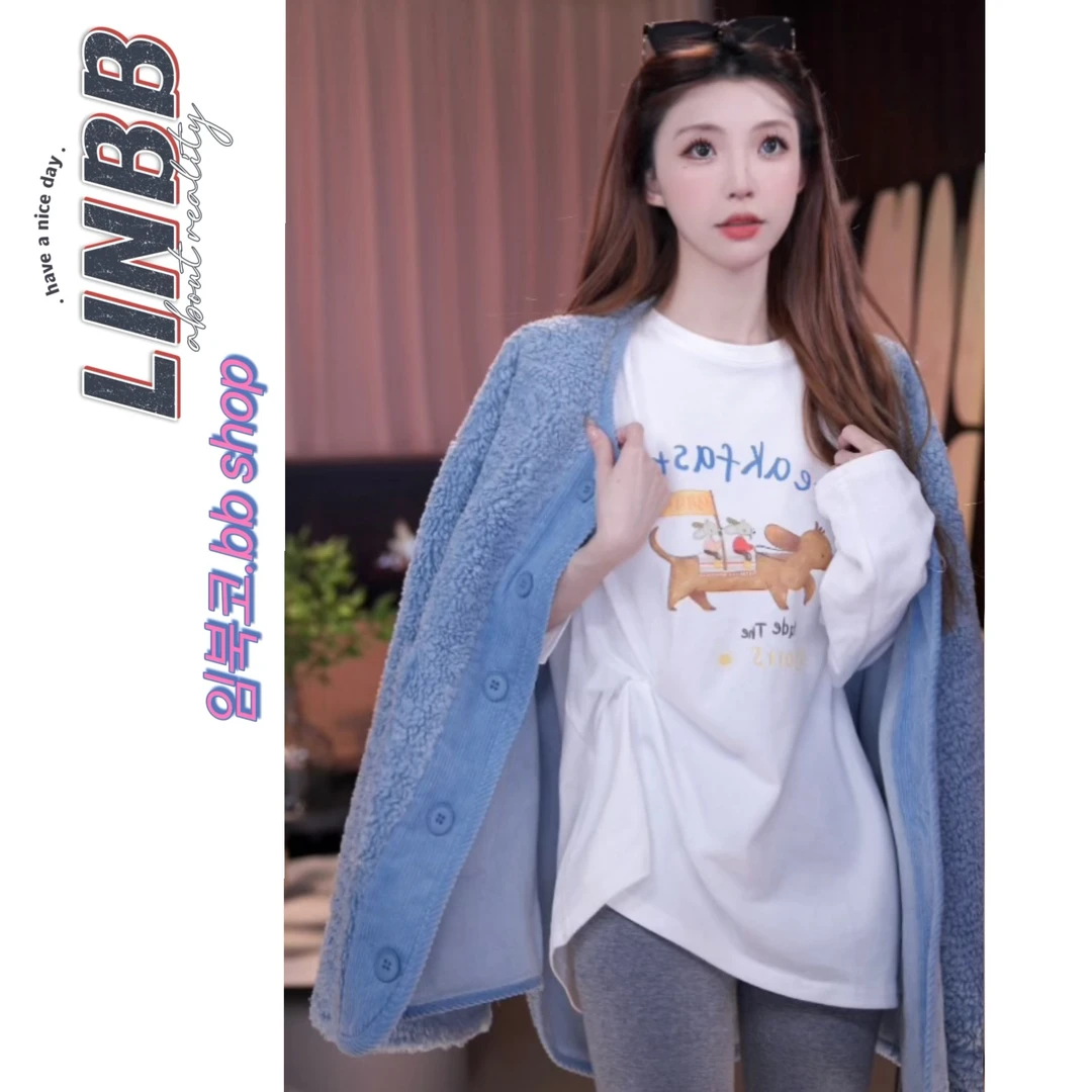 林北鼻-【腊肠狗】东大门加绒磨毛卡通撞色上衣T