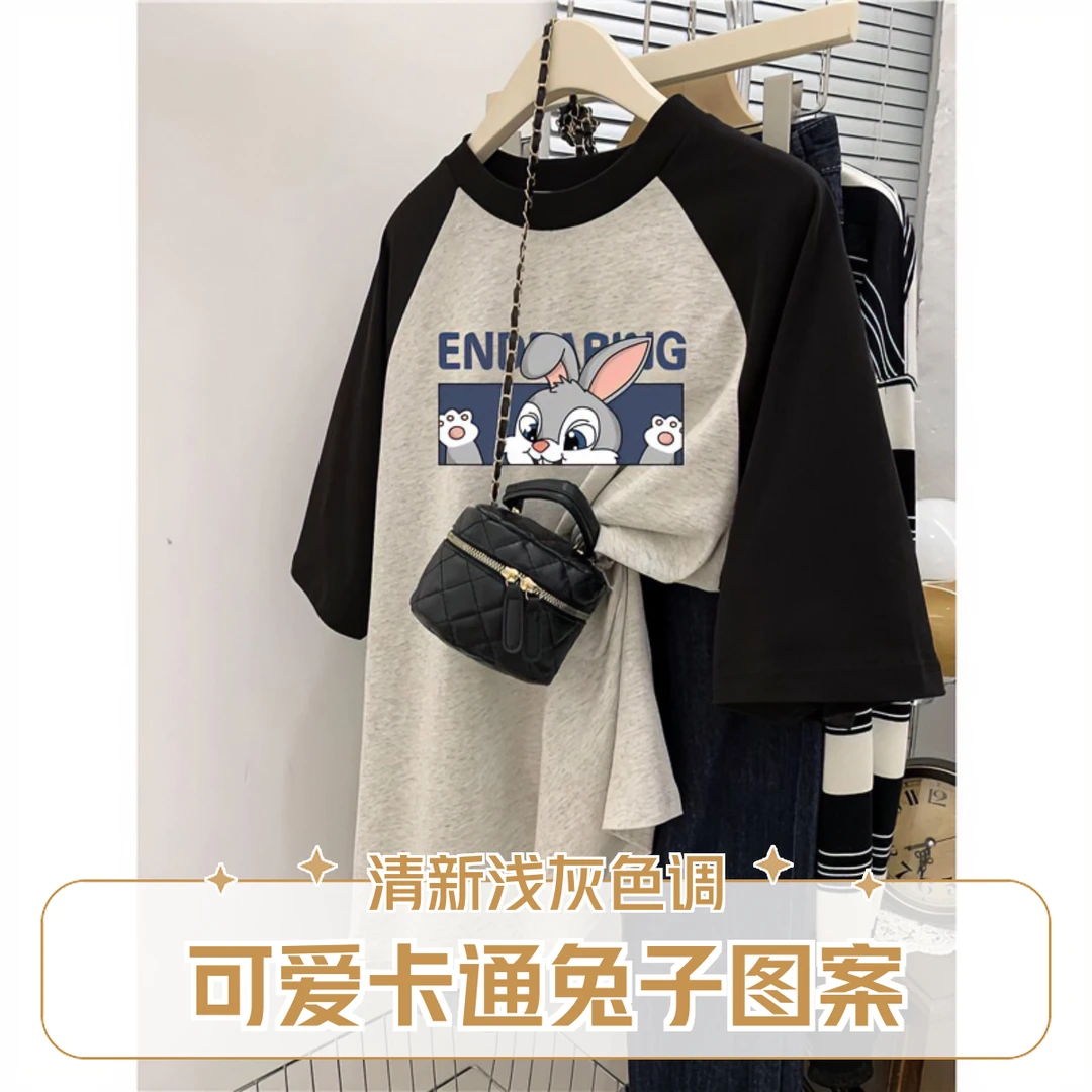 胖mm时尚大码T恤女装纯棉卡通猫咪短袖潮牌夏季胖mm遮肚上衣藏肉