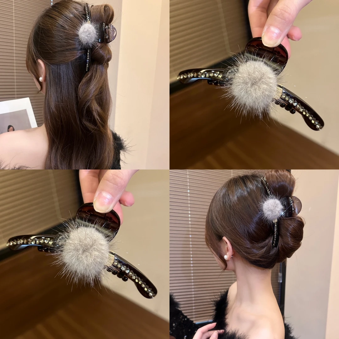 秋冬复古气质氛围感水貂毛球抓夹八字夹轻奢高级感鲨鱼夹爆款发饰