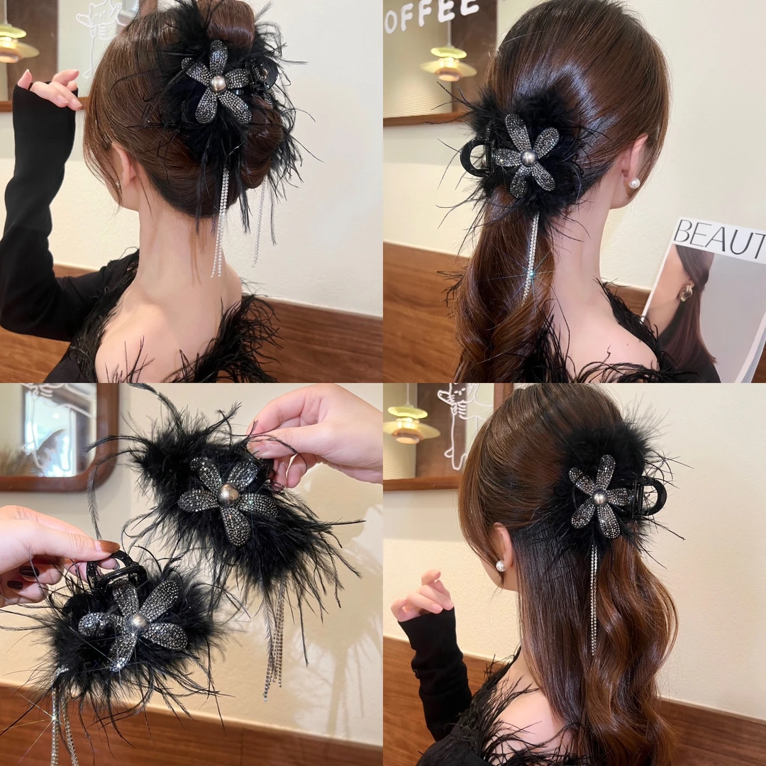 太阳花秋冬新款毛毛抓夹显发量新中式国风夹子后脑勺女盘发