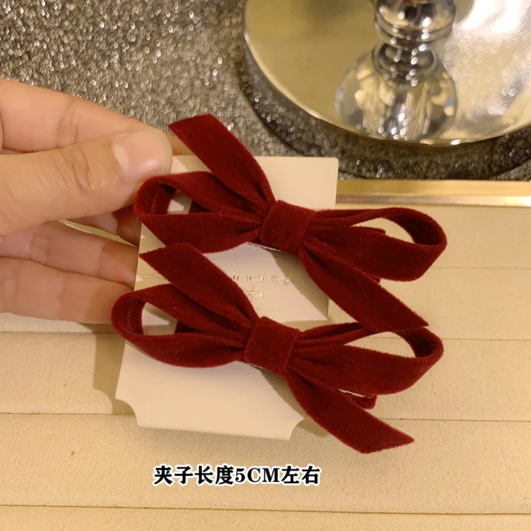 红色丝绒蝴蝶结发夹气质侧边刘海夹鸭嘴夹子发卡头饰秋冬新款女