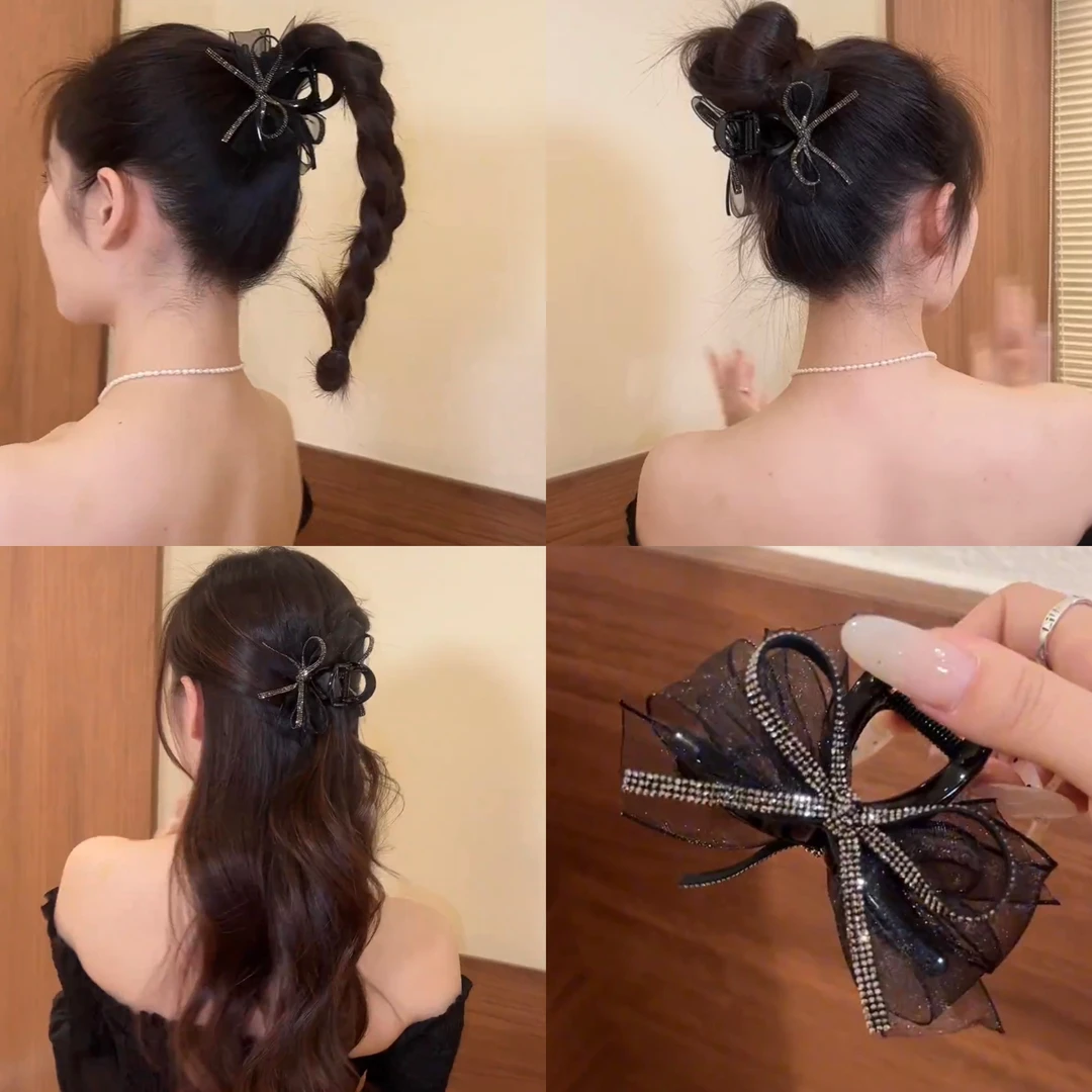 高级感黑色闪钻超仙网纱蝴蝶结抓夹韩版洋气轻奢气质高马尾发夹女