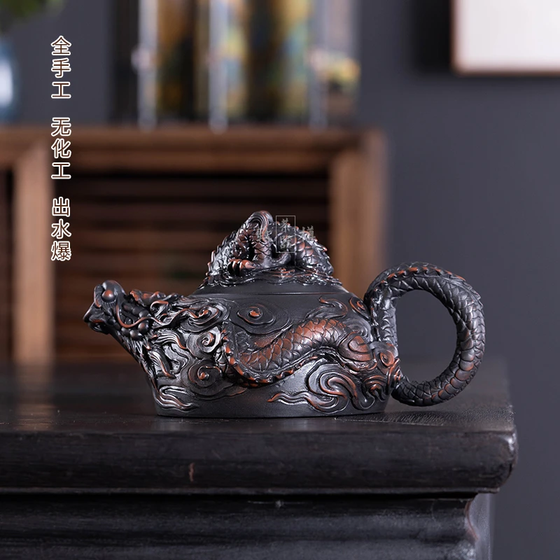 当代 云南高端紫陶腾龙壶蛟龙重工堆雕祥龙工艺省大师全手工证书