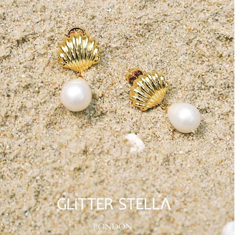 GLITTERSTELLA 铜合金耳饰 ｜度假风法式贝壳水滴珠珠复古耳钉