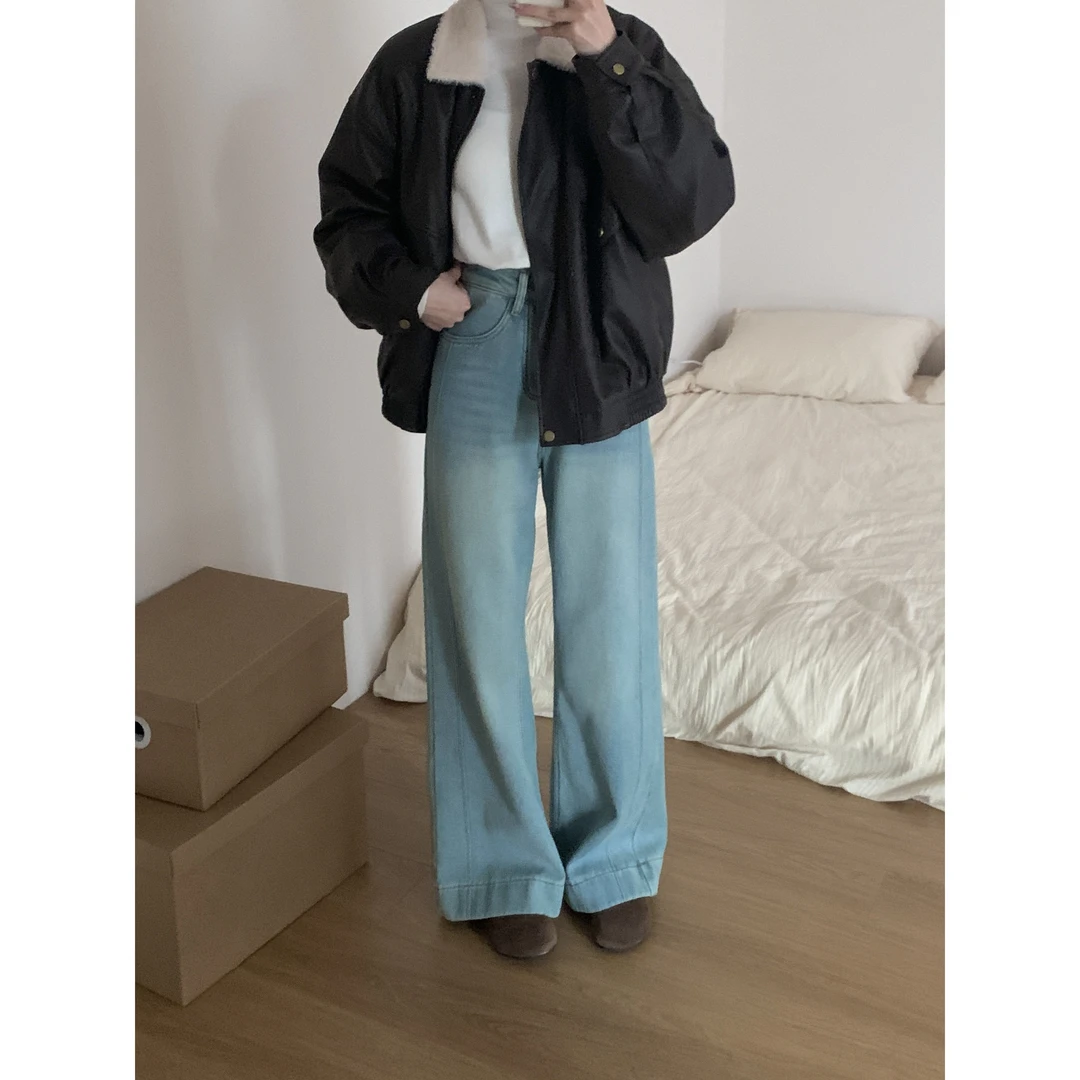 8621#‘’复合绒‘’设计感高腰显瘦加绒牛仔裤