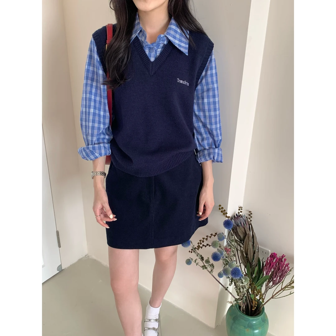 KH07#巨洋气的气质通勤韩系穿搭格子拼接套头针织衫