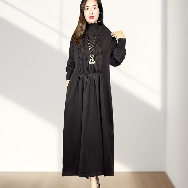 2024冬季中长款毛衣裙宽松显瘦配大衣内搭半高领针织羊毛打底裙女