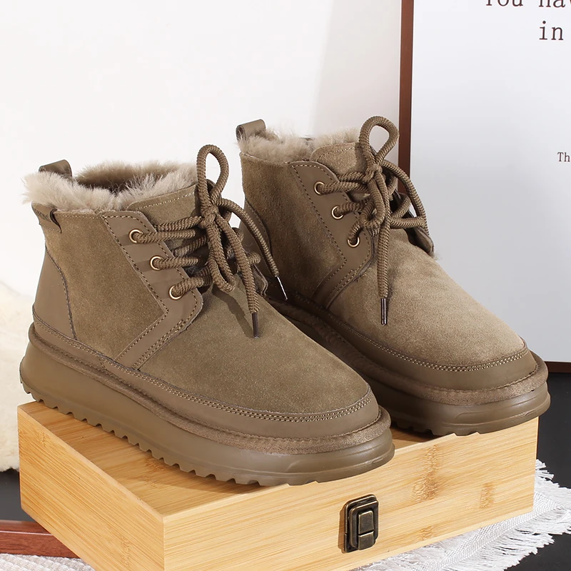 8696 男士短筒真皮雪地靴时尚百搭系带马丁靴加棉超轻底防滑棉鞋