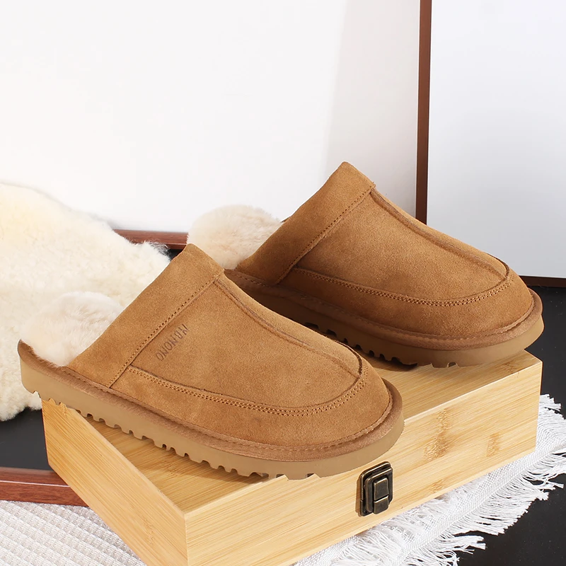 24698 男士冬季棉拖真皮百搭可外穿毛毛拖EVA超轻平底防滑家居鞋