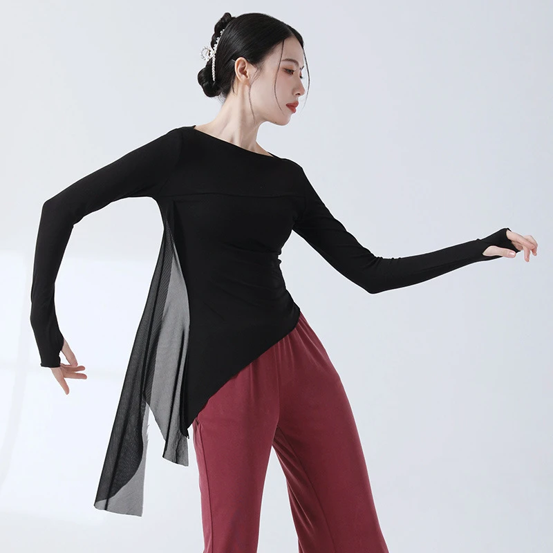 一字领飘纱上衣现代舞古典舞练功服女长袖套指上衣