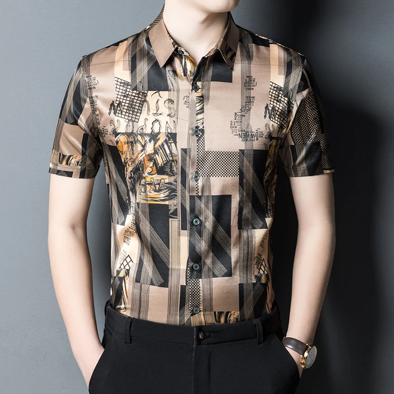 嘉杜服饰 重磅桑蚕丝真丝高端商务休闲男士短袖衬衫 几何黄 2053
